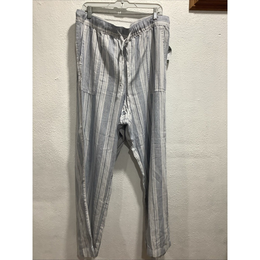 Briggs Womens Wide Leg Pants XL White Blue Striped Elastic Waist Linen Blend